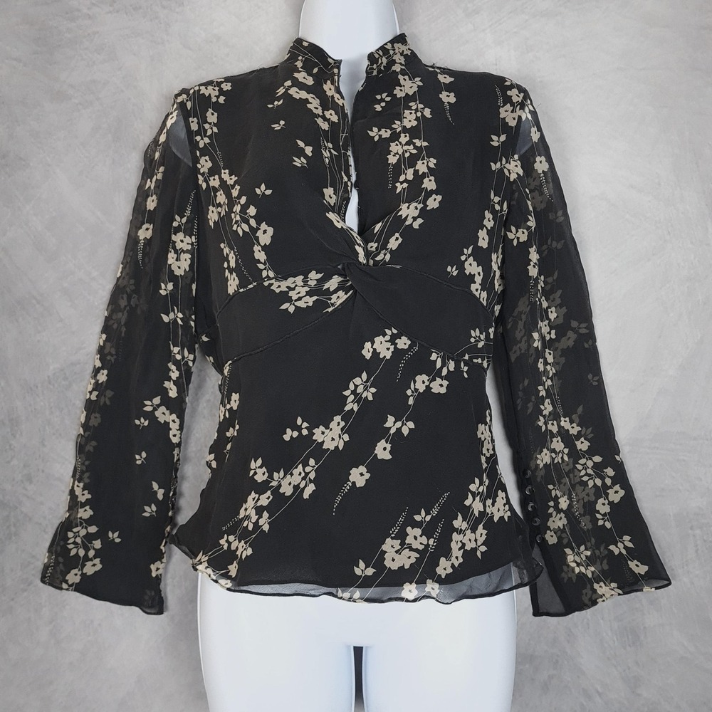 Vintage Y2K Fairy Whimsy Blouse Womens 6 Black Floral Silk Sheer Flare Sleeve